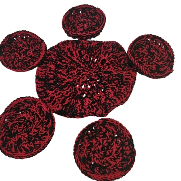 Hand Crafted Hand Knit Crochet Coaster 6pc Set Red & black double stitch floral - Picture 7 of 17